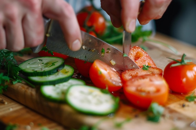 Detail rúk pri krájaní zeleniny