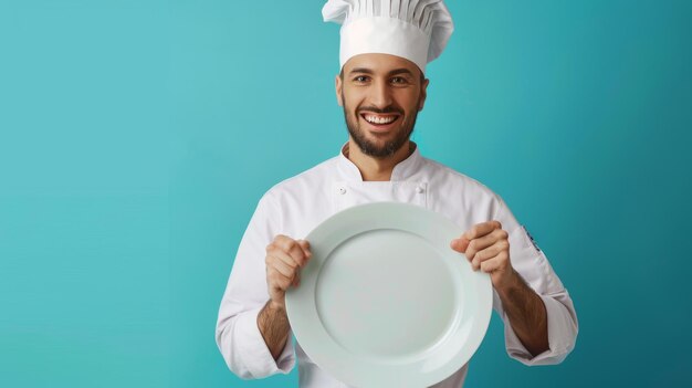 Šťastný kuchár drží tanier
